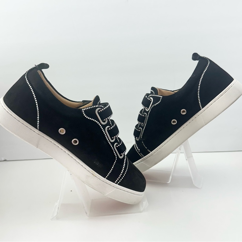 EUC! Christian Louboutin Black Suede Kiddo Bordo Crystal Velcro Sneakers 37 7 - Picture 3 of 15